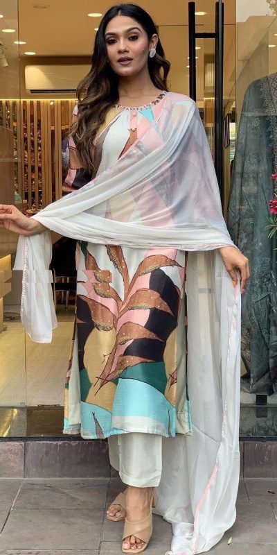 Perfect Malty Color Muslin Embroidery Chain Works Salwar Suit