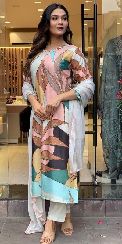 Perfect Malty Color Muslin Embroidery Chain Works Salwar Suit