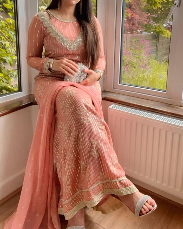 Perfect Peach Color Georgette Thread And Sequence Salwar Suit