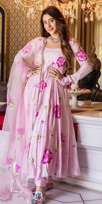 Perfect Pink Color Satin Georgette With Digital Print Anarkali Suit