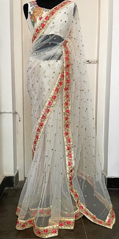 Perfect White Color Nylon Butterfly Net Thread & Zari Work Saree