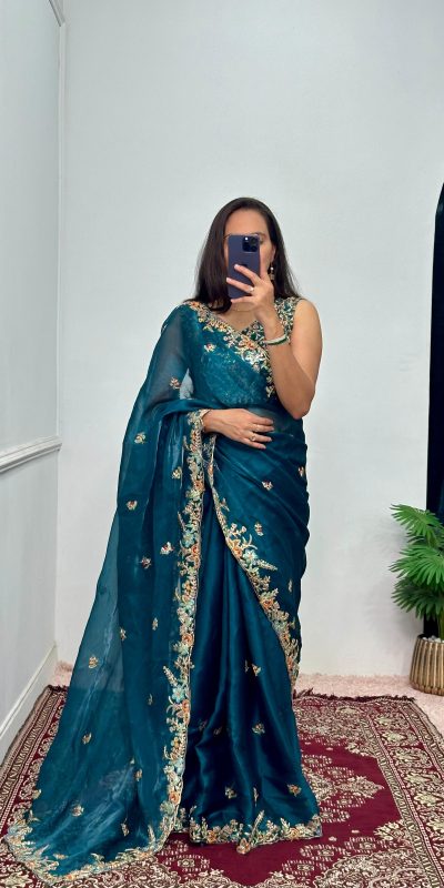 Pretty Blue Color Burberry With Blooming Embroidery Saree