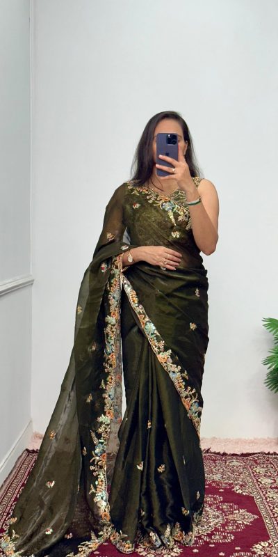 Pretty Mehndi Color Burberry With Blooming Embroidery Saree
