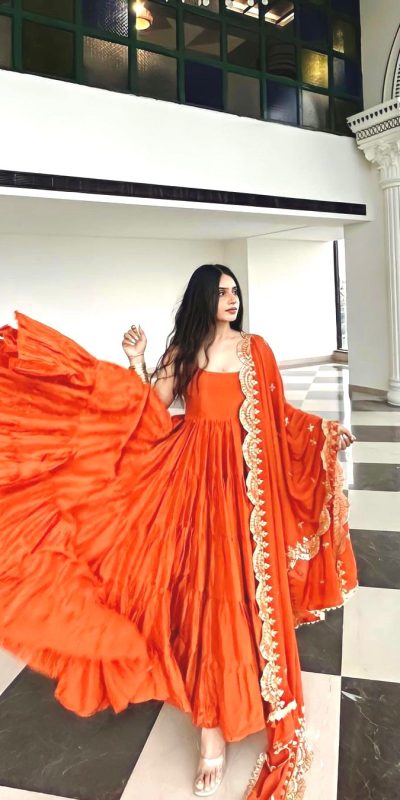 Pretty Orange Color Chinon Embroidery Sequence Anarkali Suit