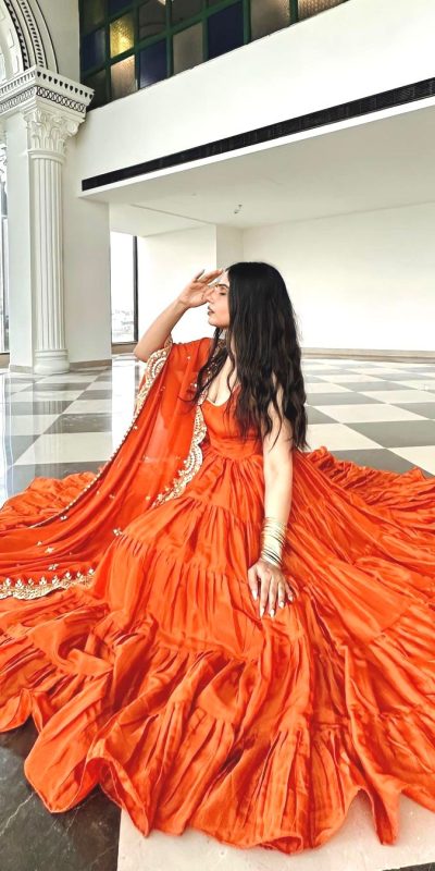 Pretty Orange Color Chinon Embroidery Sequence Anarkali Suit