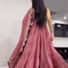 Peach Chinon Embroidery Sequence Anarkali Suit