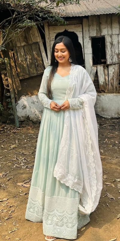Pretty Pista Green Color Georgette Embroidery Sequence Gown