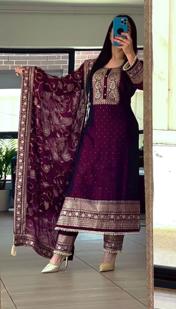 Pretty Purple Color Georgette Embroidery Sequence Salwar Suit