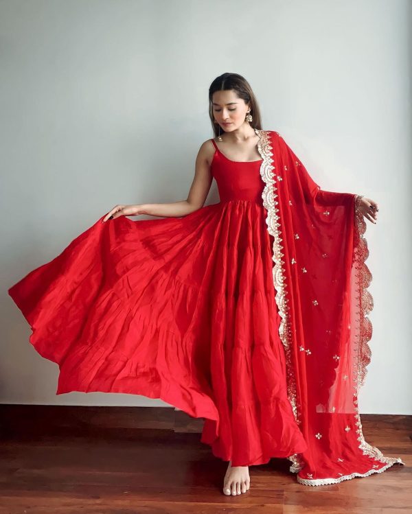 Pretty Red Color Chinon Silk Embroidery Sequence Anarkali Suit