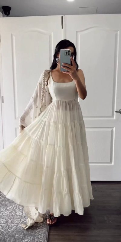 Pretty White Color Chinon Silk Embroidery Sequence Anarkali Suit