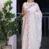 White Georgette Cotton Thread Embroidery Saree