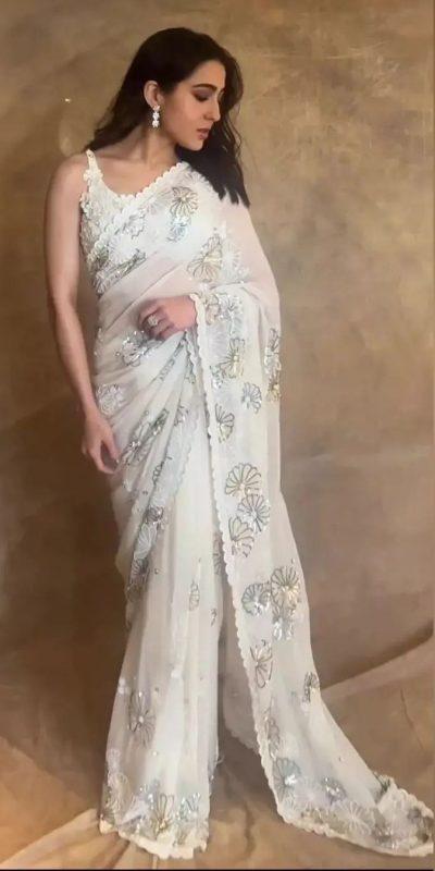 Sara Ali Khan White Color Georgette Peral Hand Work Saree