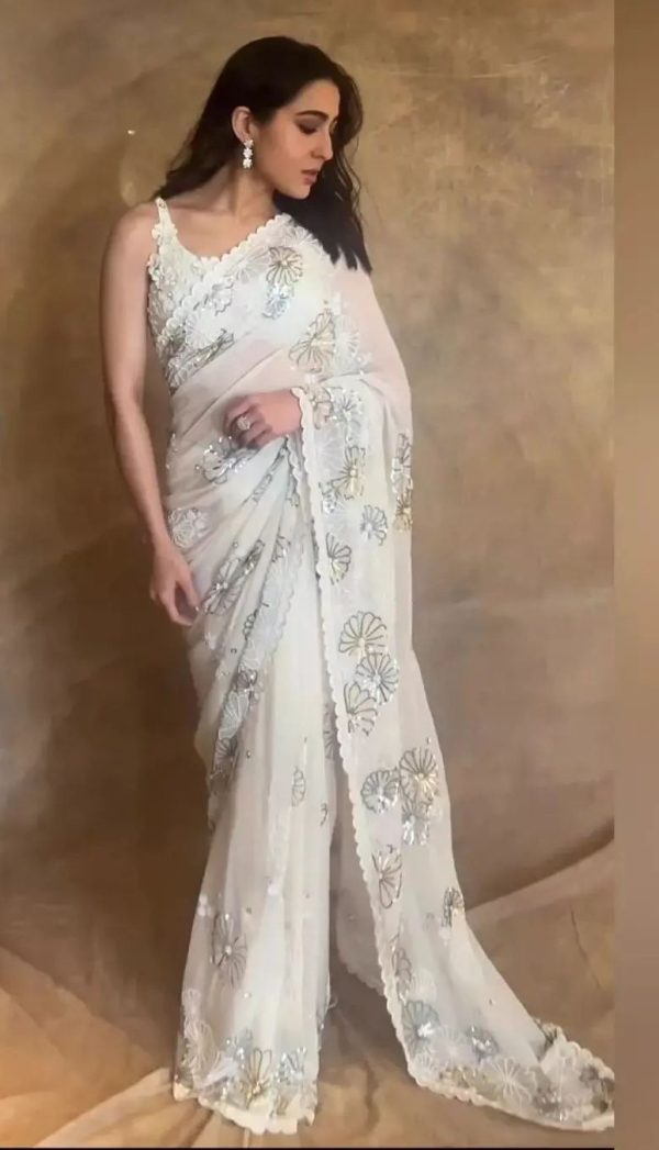 Sara Ali Khan White Color Georgette Peral Hand Work Saree