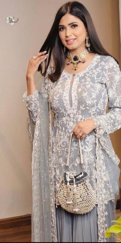 Special Blue Grey Color Georgette Embroidery Work Sharara Suit