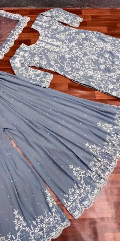 Special Blue Grey Color Georgette Embroidery Work Sharara Suit