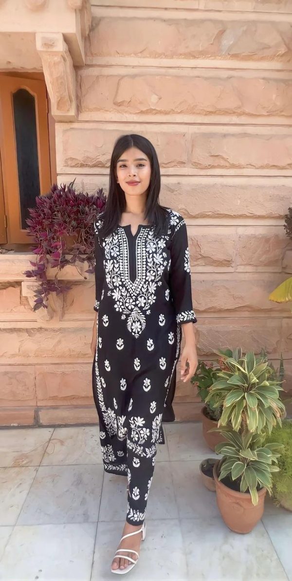 Splendorous Black Color Rayon Chine Stitched Work Salwar Suit