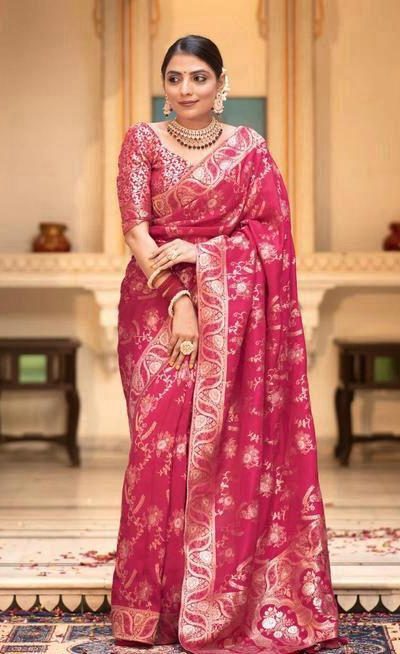 Splendorous Pink Color Soft Lichi Silk Jacquard On All Over Saree