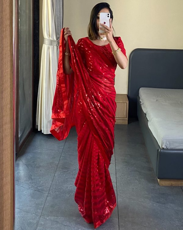 Splendorous Red Color Georgette Fancy Sequence Work Saree