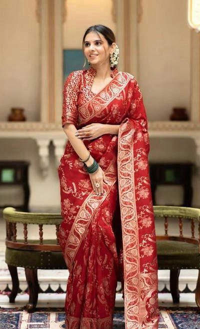 Splendorous Red Color Soft Lichi Silk Jacquard On All Over Saree