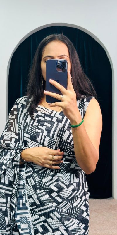 Stylish Black Color Georgette Digital Printed Ruffle Gown Saree