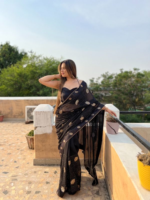 Stylish Black Color Georgette Sequence Lace border Work Saree