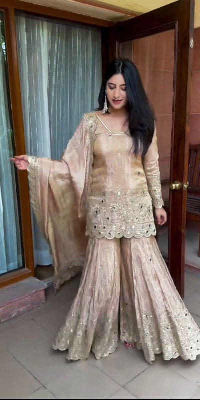 Stylish Golden Color Chinnon Silk Embroidery Work Sharara Suit