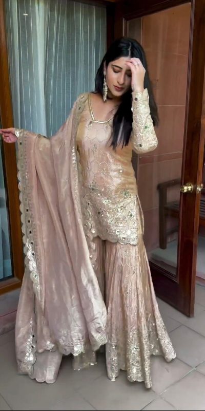 Stylish Golden Color Chinnon Silk Embroidery Work Sharara Suit