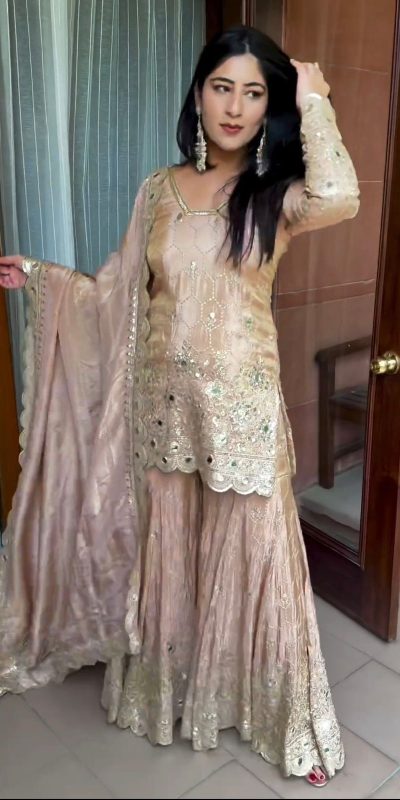 Stylish Golden Color Chinnon Silk Embroidery Work Sharara Suit