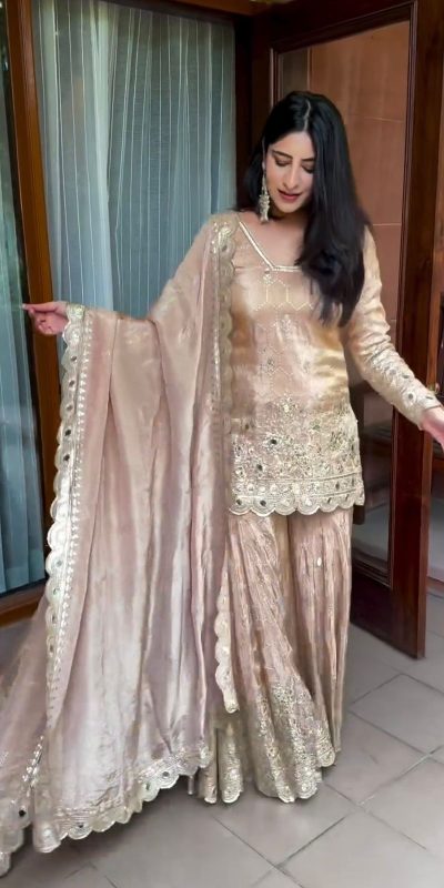 Stylish Golden Color Chinon Silk Embroidery Work Salwar Suit