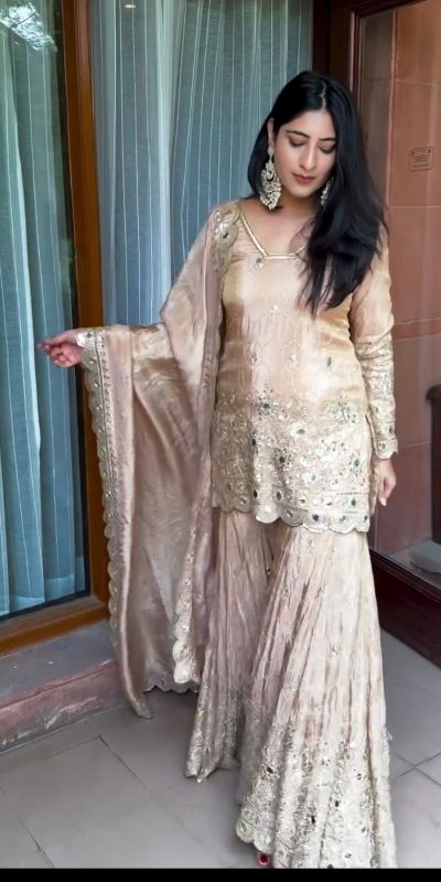 Stylish Golden Color Chinon Silk Embroidery Work Salwar Suit