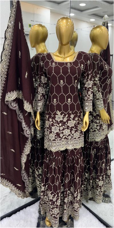 Stylish Maroon Color Chinnon Silk Embroidery Work Sharara Suit