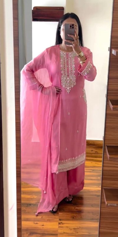 Stylish Pink Chinnon Silk Embroidery Coding Dori Salwar Suit