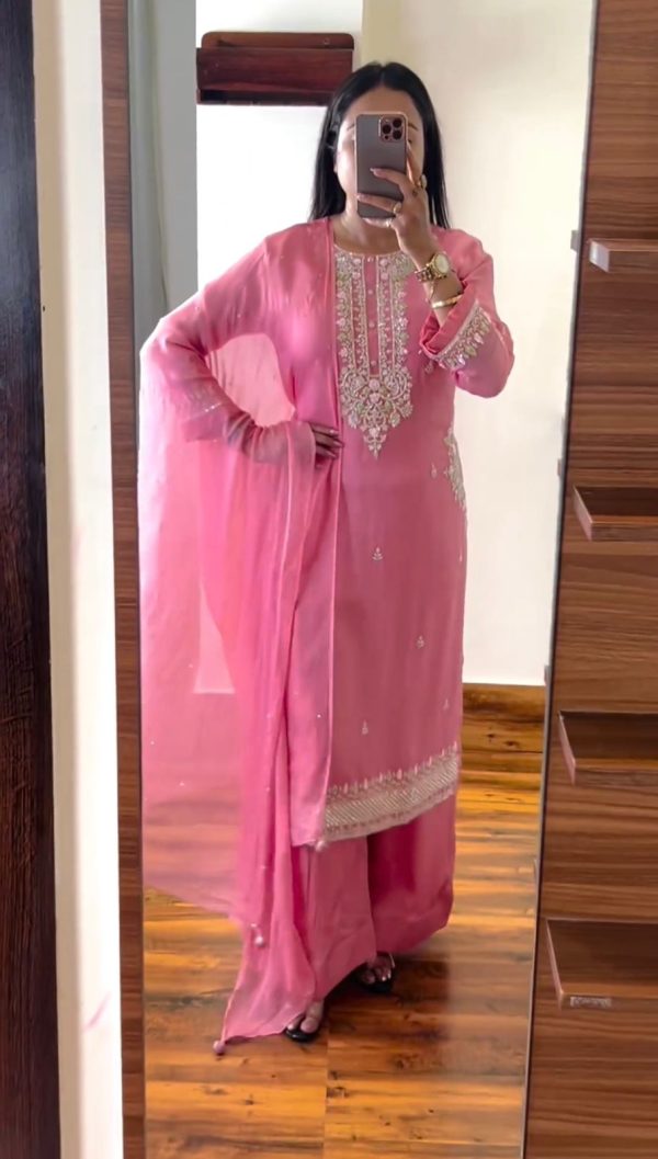 Stylish Pink Chinnon Silk Embroidery Coding Dori Salwar Suit