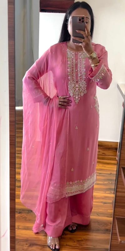 Stylish Pink Chinnon Silk Embroidery Coding Dori Salwar Suit