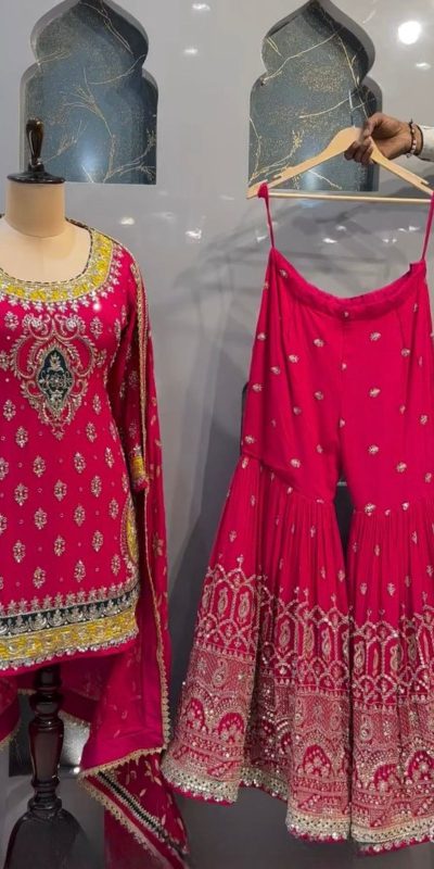 Stylish Pink Color Georgette Multi Needle Embroidery Salwar Suit