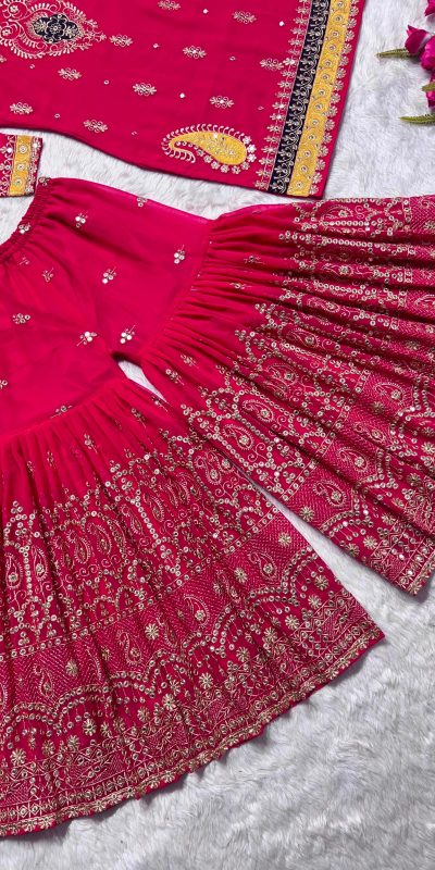 Stylish Pink Color Georgette Multi Needle Embroidery Salwar Suit