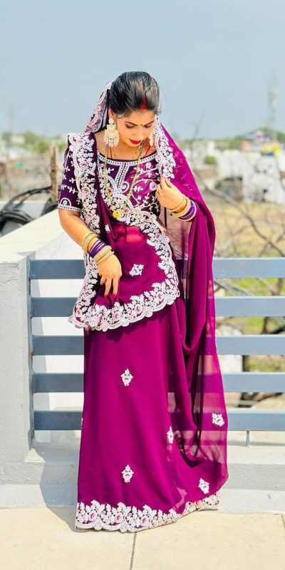 Stylish Purple Color Georgette Cotton Thread Embroidery Saree