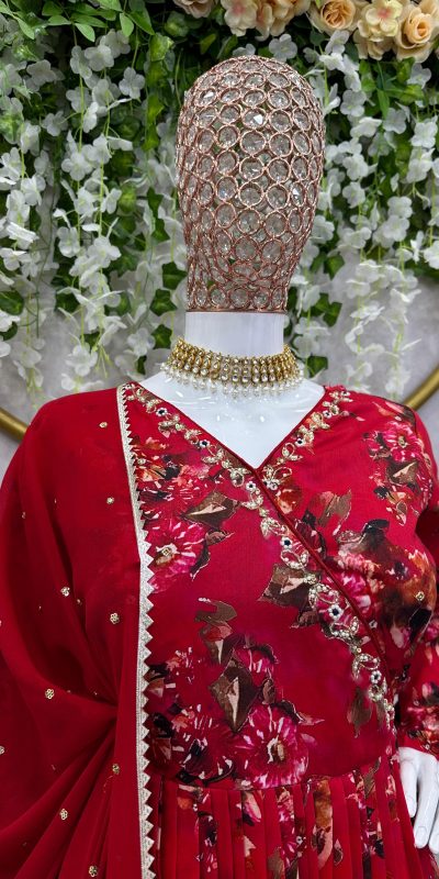 Stylish Red Color Muslin Digital Print With Hand Work Salwar Suit