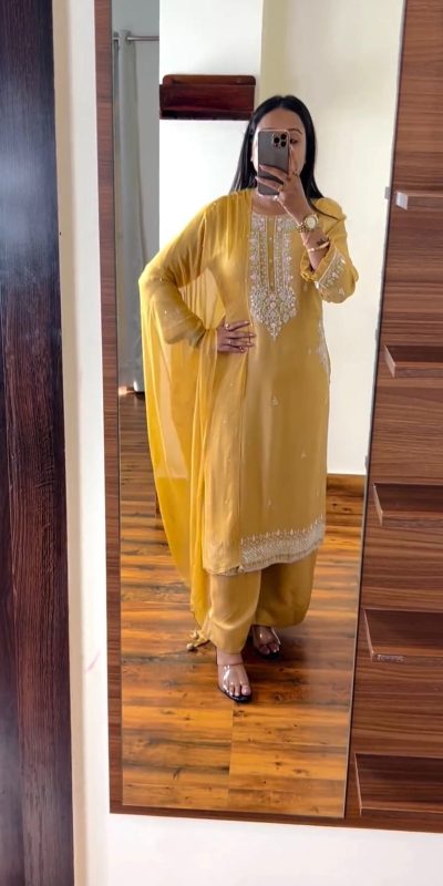 Stylish Yellow Chinnon Silk Embroidery Coding Dori Salwar Suit