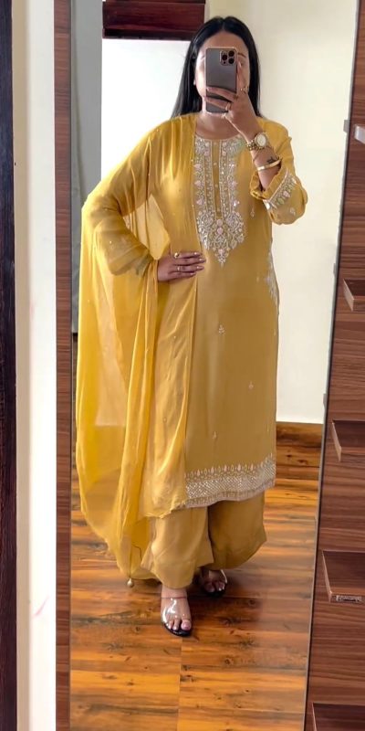 Stylish Yellow Chinnon Silk Embroidery Coding Dori Salwar Suit