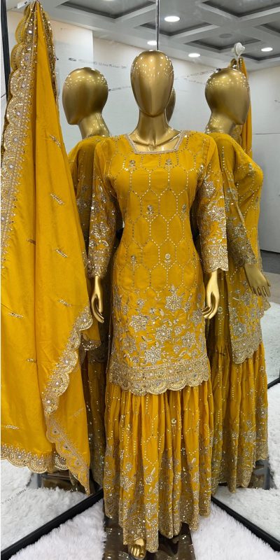 Stylish Yellow Color Chinnon Silk Embroidery Work Sharara Suit