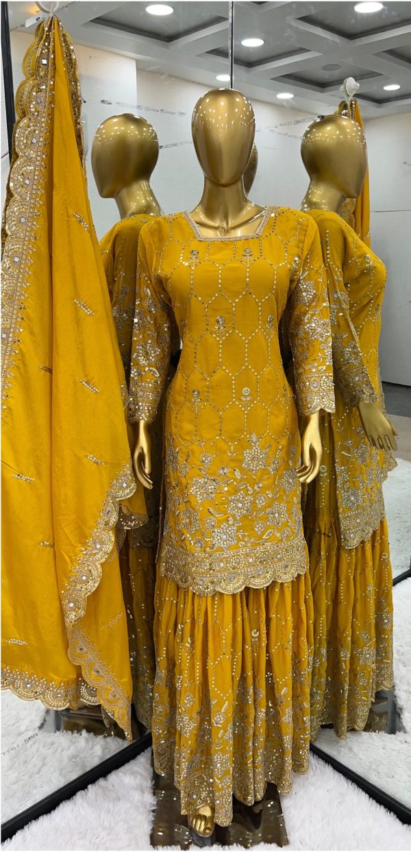Stylish Yellow Color Chinnon Silk Embroidery Work Sharara Suit
