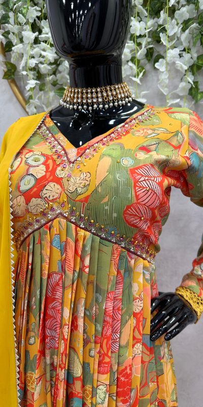 Stylish Yellow Color Muslin Digital Print With Hand Work Salwar Suit