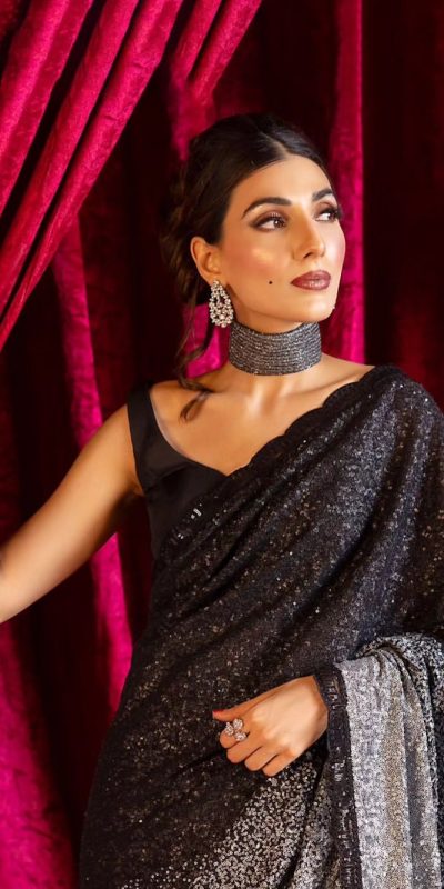 Sublime Black Color Georgette Sequins Embroidery Work Saree