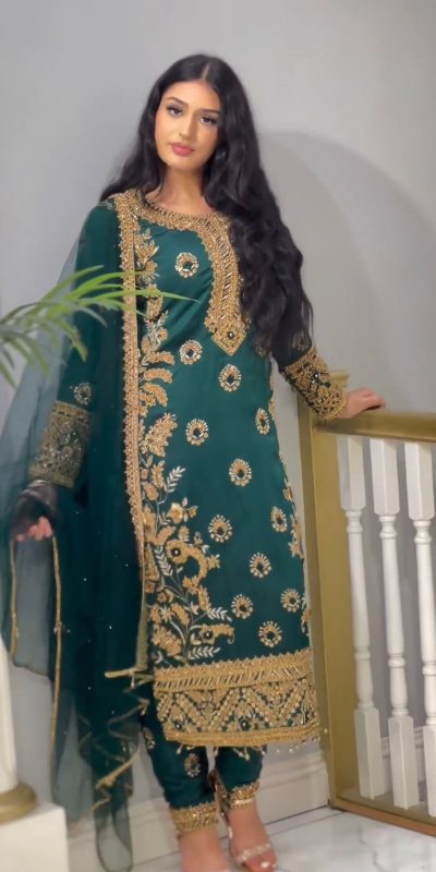 Sublime Blue Color Chinnon Silk Embroidery Sequence Salwar Suit