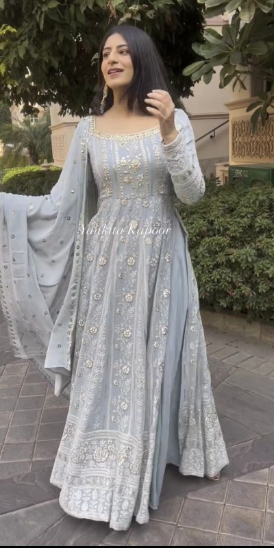 Sublime Grey Color Foix Georgette Embroidery Woek Salwar Suit