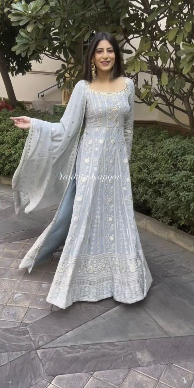 Sublime Grey Color Foix Georgette Embroidery Woek Salwar Suit