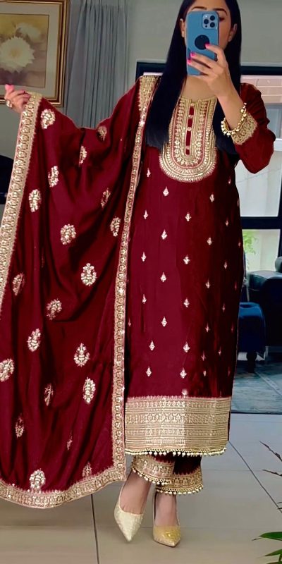 Sublime Maroon Color Faux Georgette Embroidery Salwar Suit