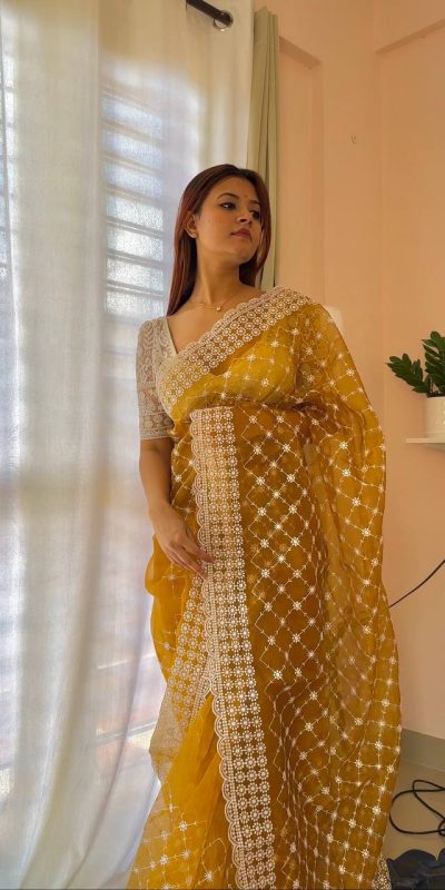 Sublime Mustard Color Organza Embroidery Thread Work Saree