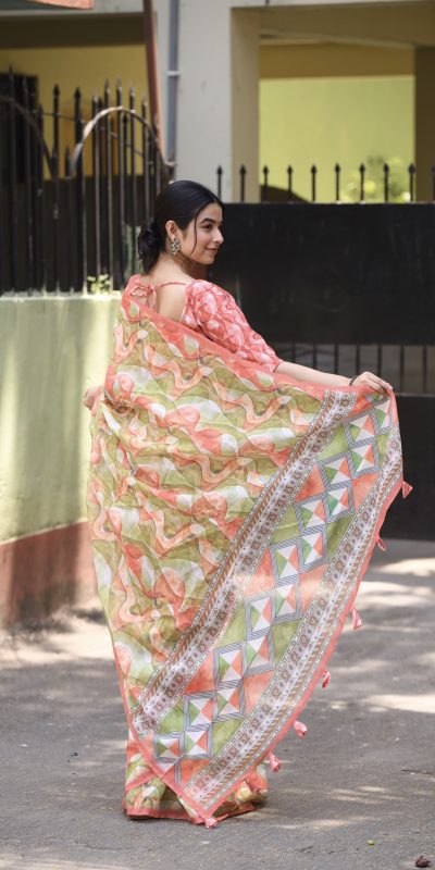 Sublime Pista Green Color Linen Beautiful Digital Printed Work Saree